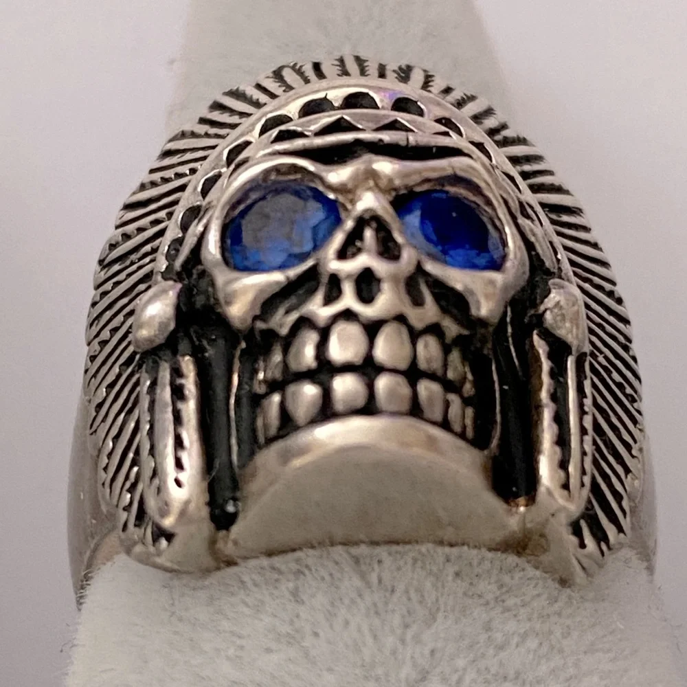 💀 925 silver biker chief skull ring sapphire blue cubic zirconia cz stones eyes